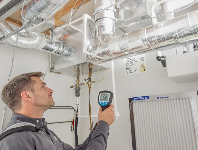 North Reading Air Duct Cleaning expert conducting detailed filter system inspection using diagnostic tools in North Reading